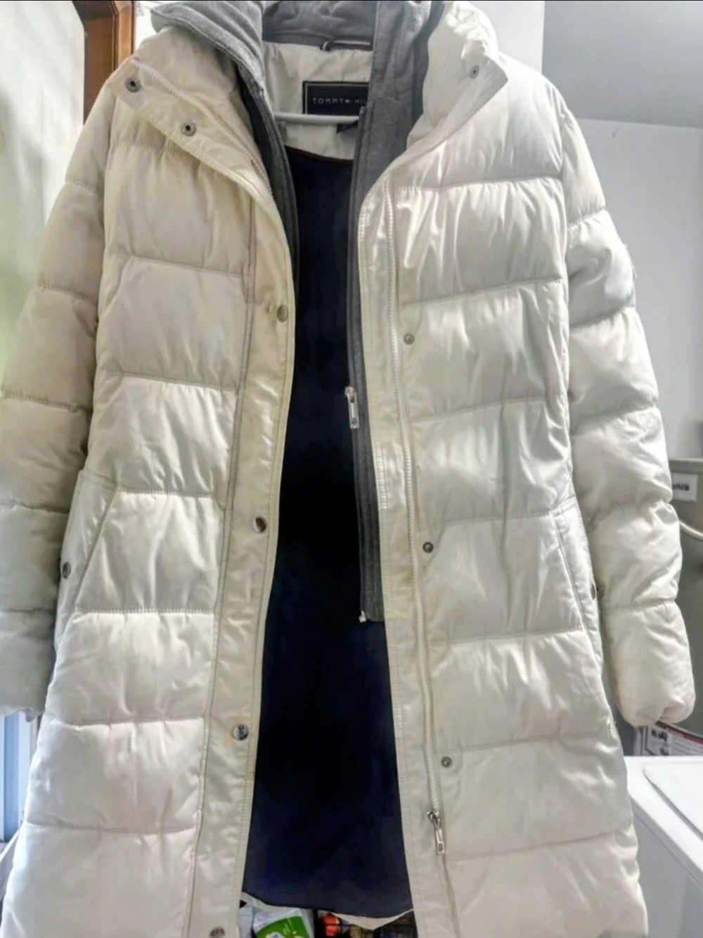 Tommy Hilfiger Men's Cream Long Quilted Puffer Coat